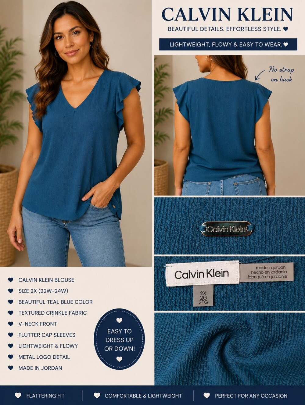Calvin Klein SIZE 2x - Teal V-Neck Flutter Sleeve Blouse